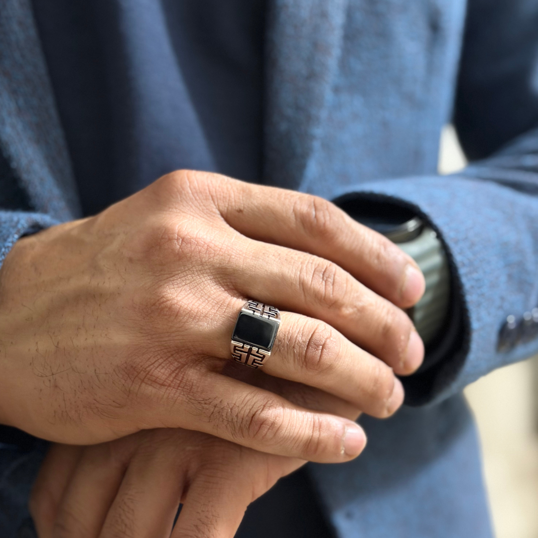 Geometric Black Stone Ring