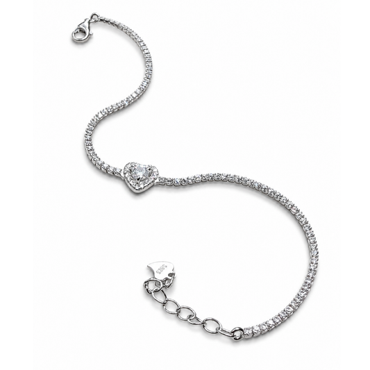 Heart Charm 925 Silver Tennis Bracelet