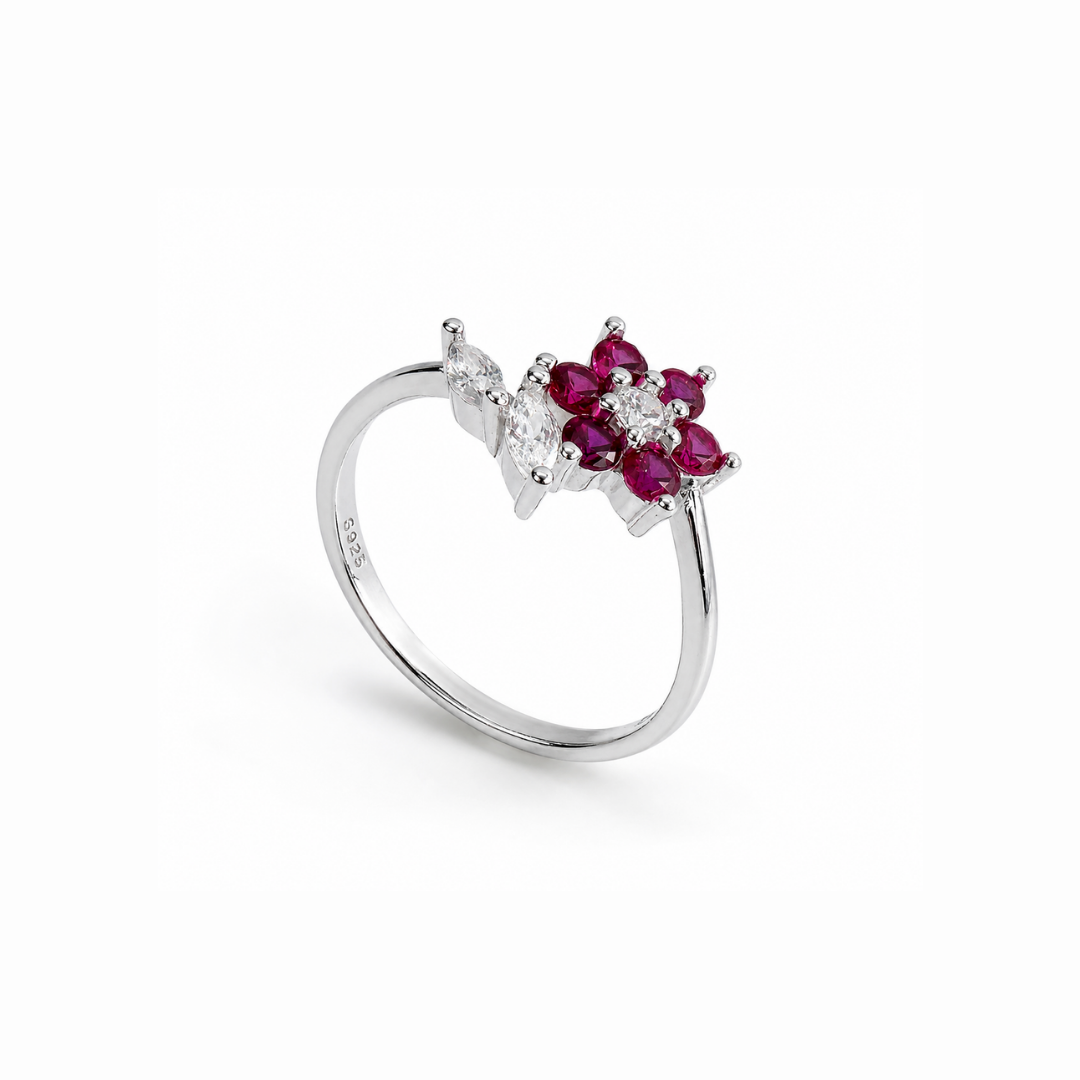 Floral Pear Cut Silver Ring