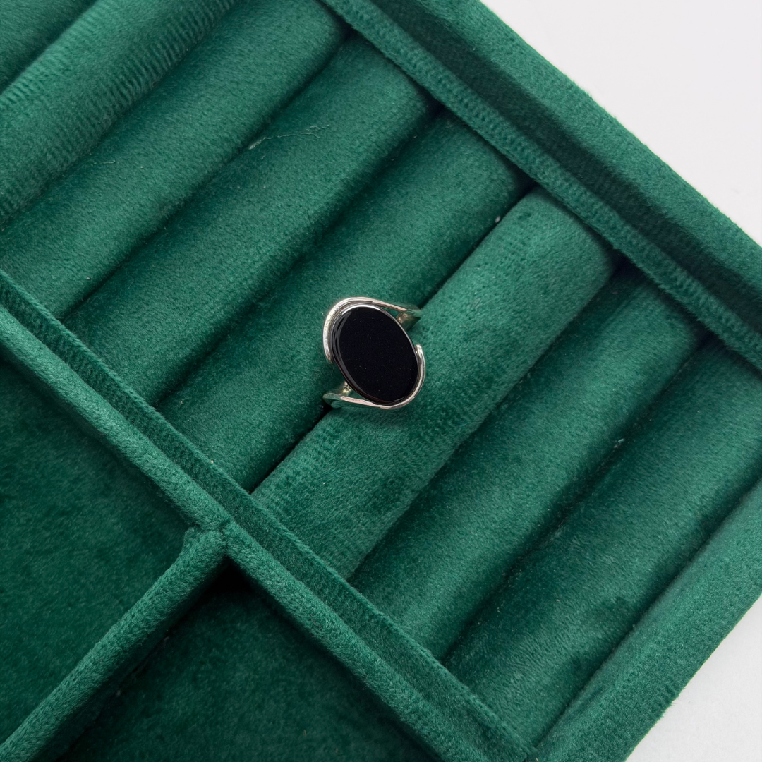 Oval Black Stone Silver Ring