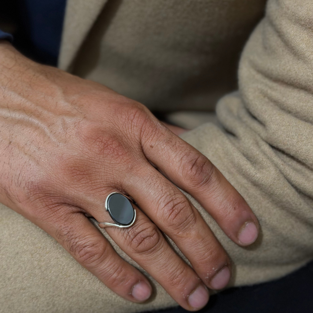 Oval Black Stone Silver Ring