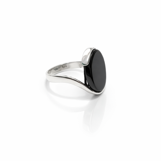 Oval Black Stone Silver Ring