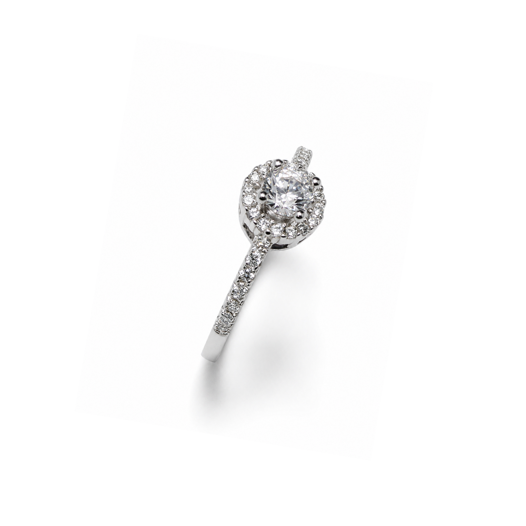 Round Halo Silver Engagement Ring