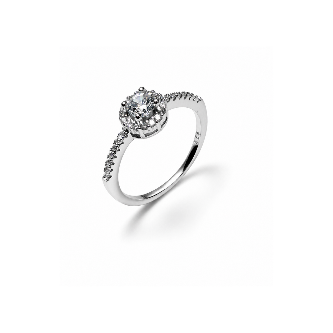 Round Halo Silver Engagement Ring