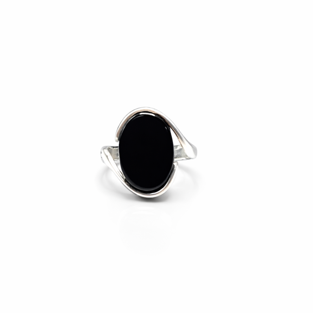 Oval Black Stone Silver Ring