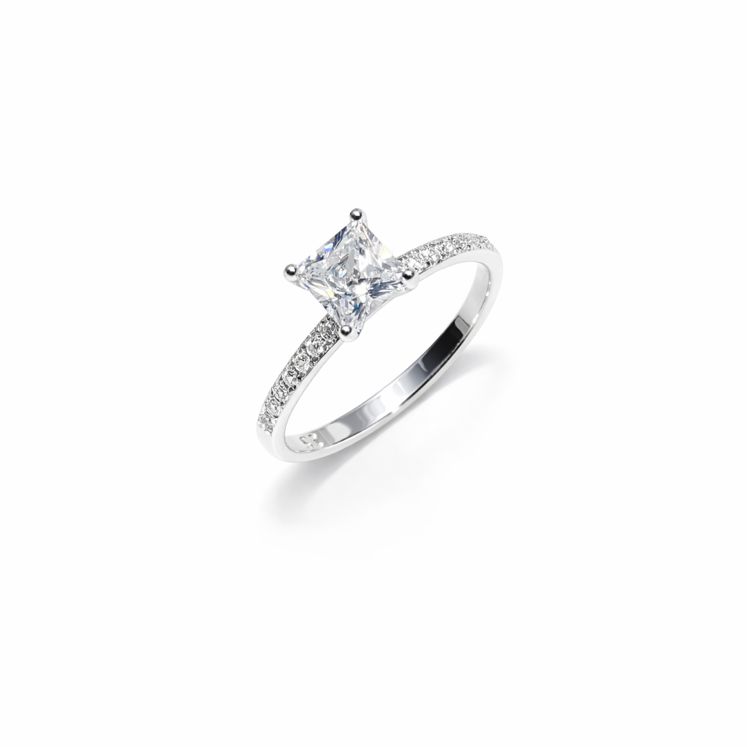 Square Cut Solitaire Silver Ring