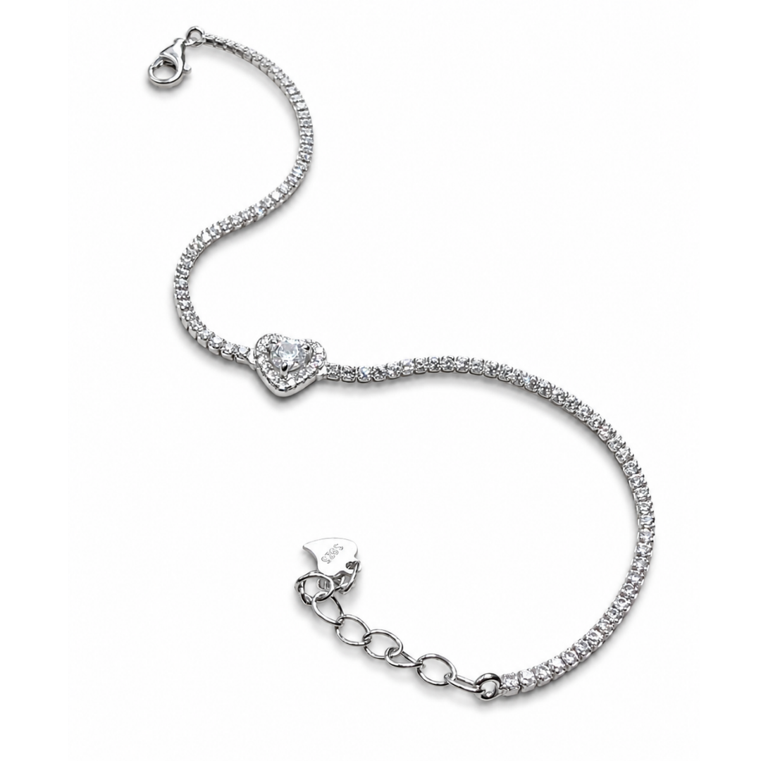 Heart Charm 925 Silver Tennis Bracelet