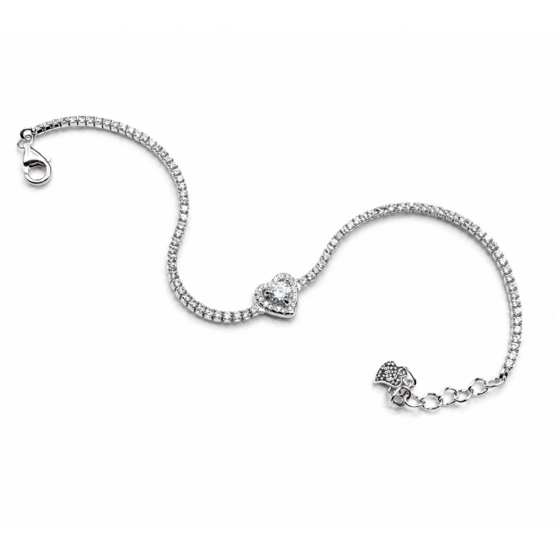 Heart Charm 925 Silver Tennis Bracelet
