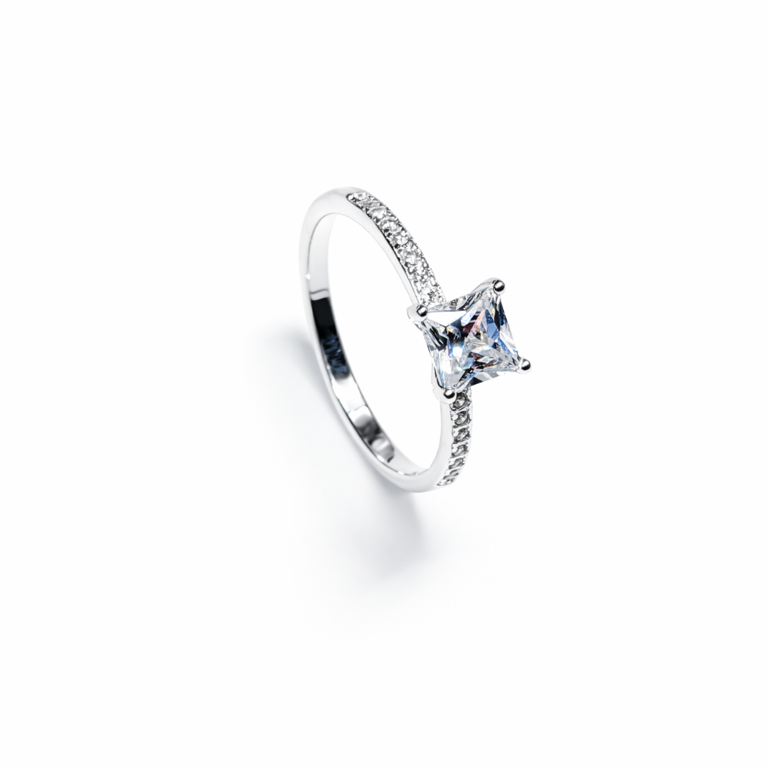 Square Cut Solitaire Silver Ring