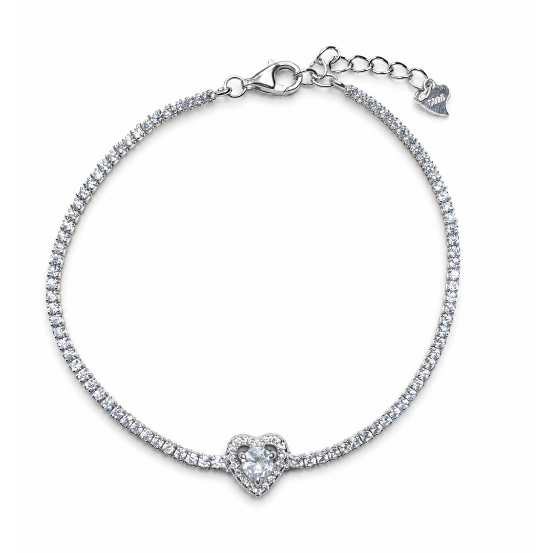 Heart Charm 925 Silver Tennis Bracelet