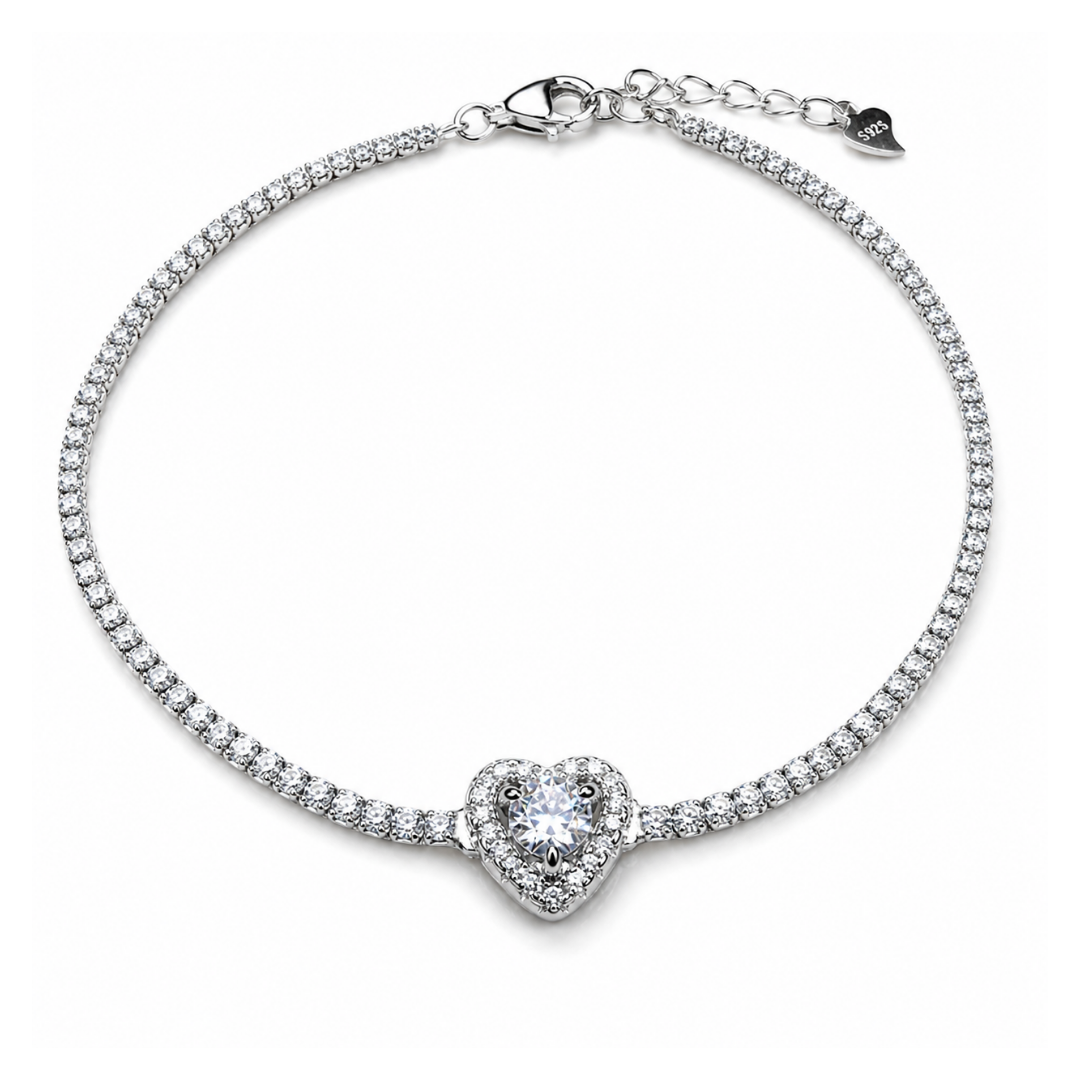 Heart Charm 925 Silver Tennis Bracelet