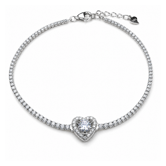 Heart Charm 925 Silver Tennis Bracelet