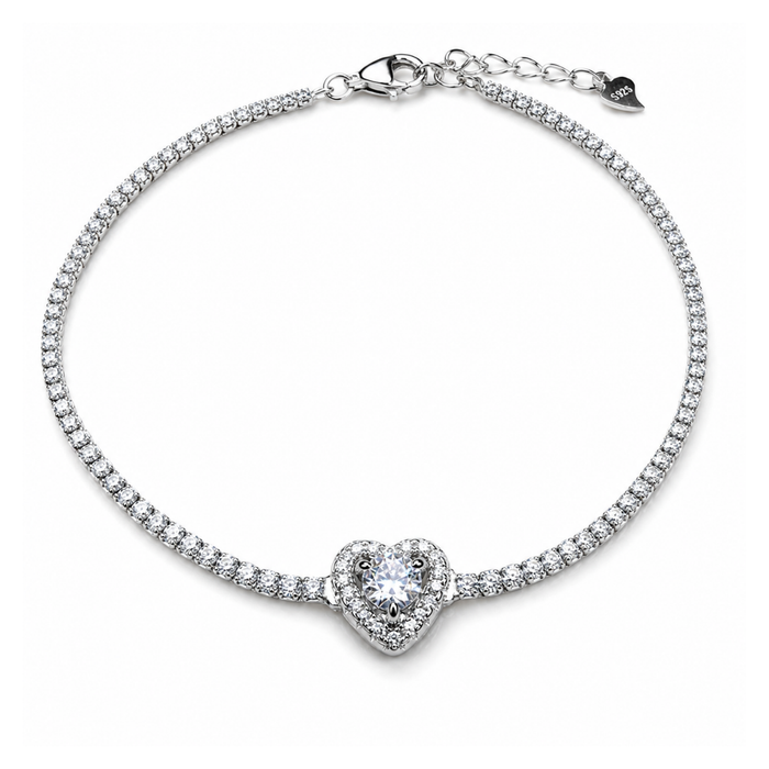 Heart Charm 925 Silver Tennis Bracelet