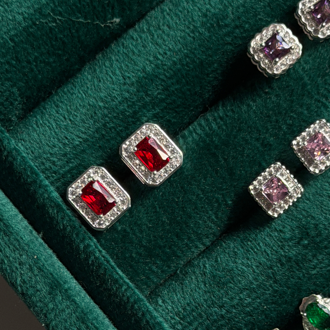 Rectangle Stone Silver Eartops